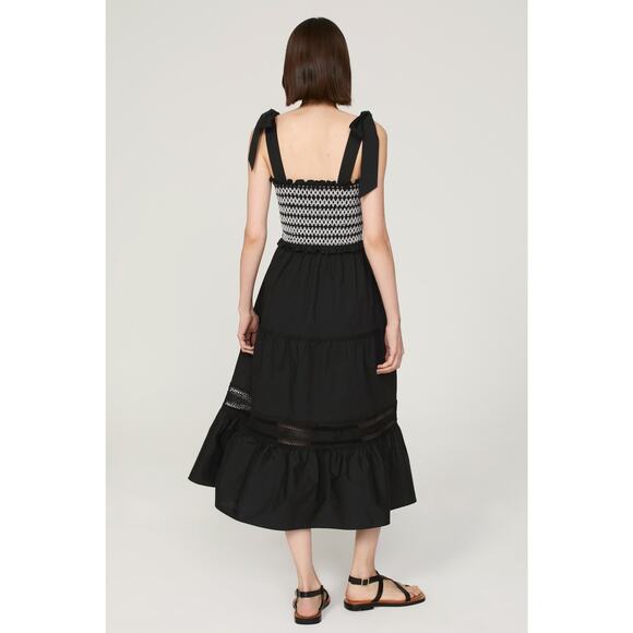 PETER SOM COLLECTIVE Black White Lace Detail A-Line Smocked Midi Dress Size S - Picture 2 of 15